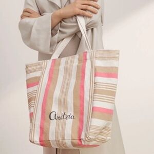 Aritzia Canvas Beige Coral Striped Beach Tote Bag